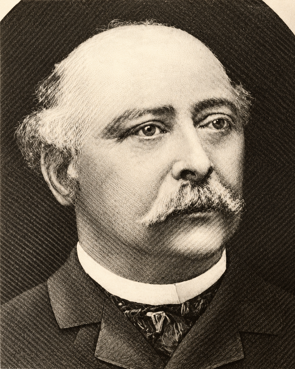 A vintage black-and-white portrait engraving of a man with a receding hairline, mustache, and formal clothing against a dark textured background.