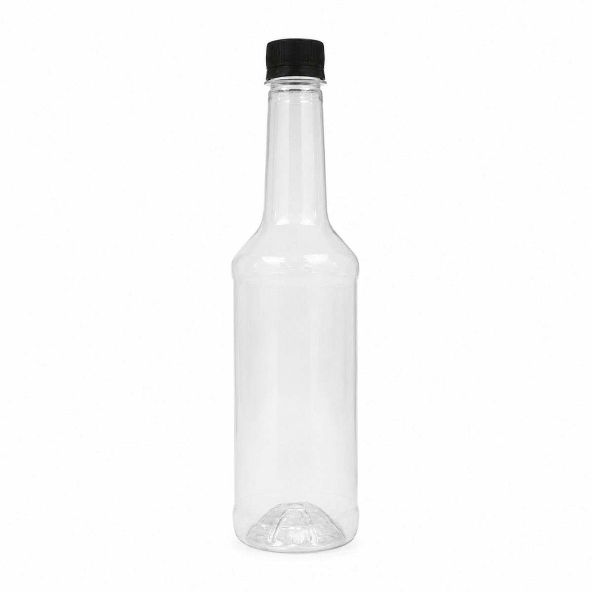 A clear plastic bottle with a black screw cap, shown against a plain white background.