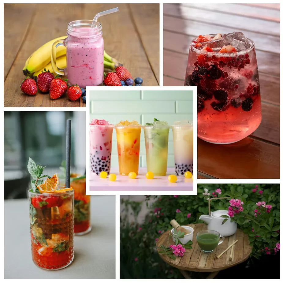 A 5-panel collage showcasing various colorful fruit and bubble tea drinks in different settings: a pink berry smoothie with bananas and strawberries, a glass of red berry iced tea, three colorful boba cups, a layered fruit cocktail, and a green tea set with flowers.