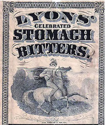 Vintage printed advertisement or cover art for 'Lyons Celebrated Stomach Bituers' with large decorative text and an illustration of a rider on a horse, shown on aged off-white paper.