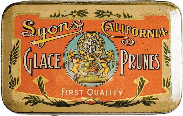 Vintage rectangular tin label for Syons California Glace Prunes, featuring a warm orange background with decorative lettering, illustrated lions, and a central seal on an aged cream-colored tin.