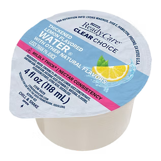 A 4 fl oz (118 mL) cup of Clear Choice ReadyCare Thickened Lemon Favored Water with other natural flavors, shown on a clean white background.