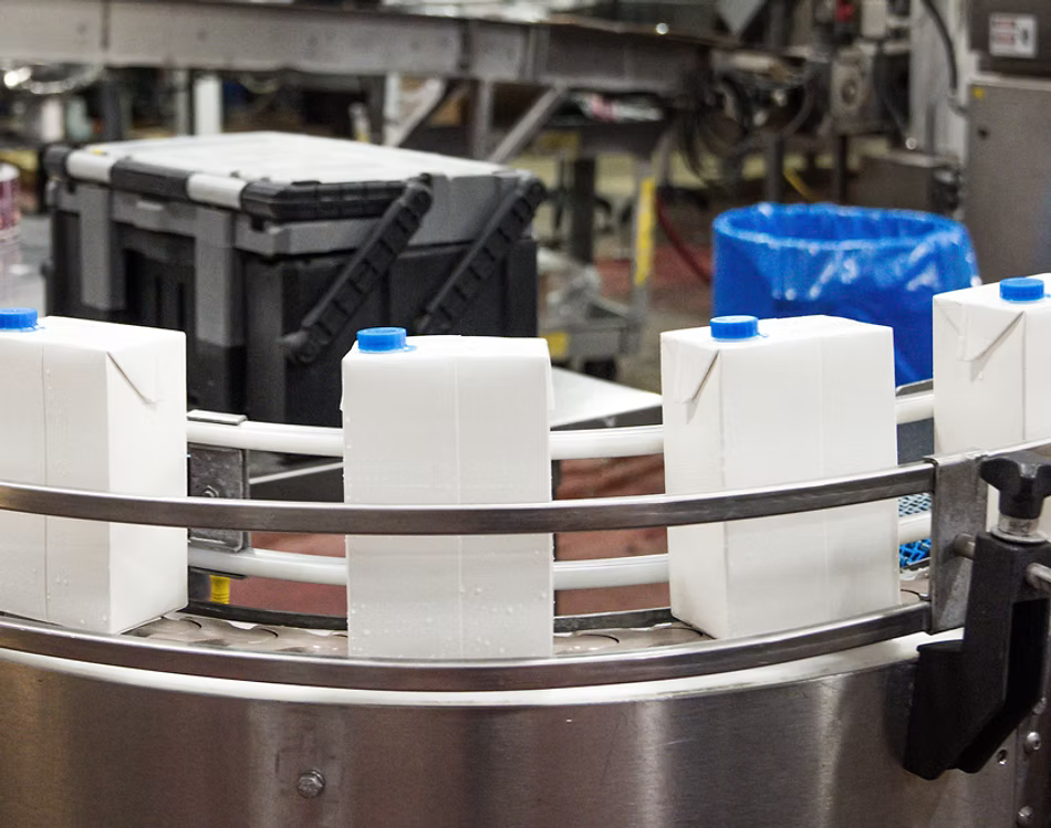 White milk cartons with blue caps moving on a stainless steel conveyor belt in a factory setting.