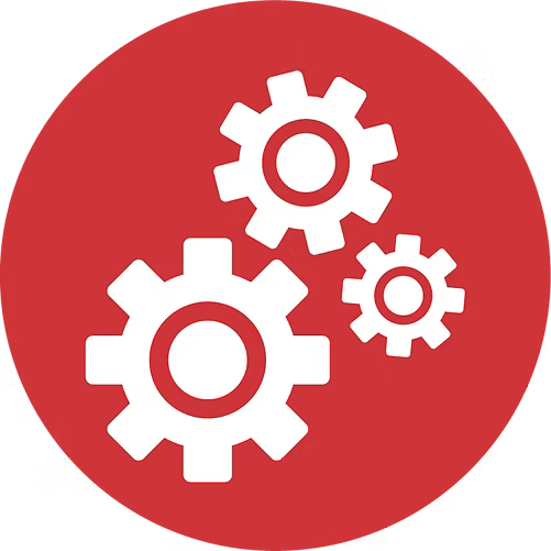 A red circular icon featuring three white interlocking gear cogs on a plain white background.