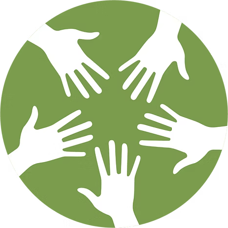 A circular graphic featuring five white silhouettes of hands arranged around a green center on a white background.