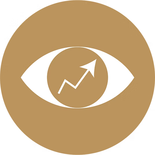 A minimalist graphic icon featuring a white stylized eye with a rising arrow inside, set against a solid tan circular background on a white canvas.