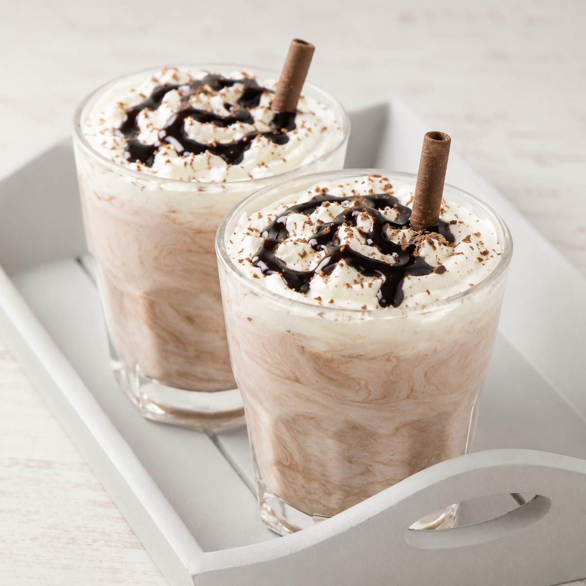 Two tall clear glasses filled with a light brown creamy beverage, topped with whipped cream, chocolate drizzle, and a rolled cinnamon stick, arranged on a white serving tray.