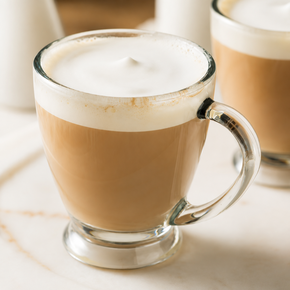 A clear glass mug filled with a light brown coffee drink topped with thick white foam, photographed on a light marble surface with another similar mug blurred in the background.