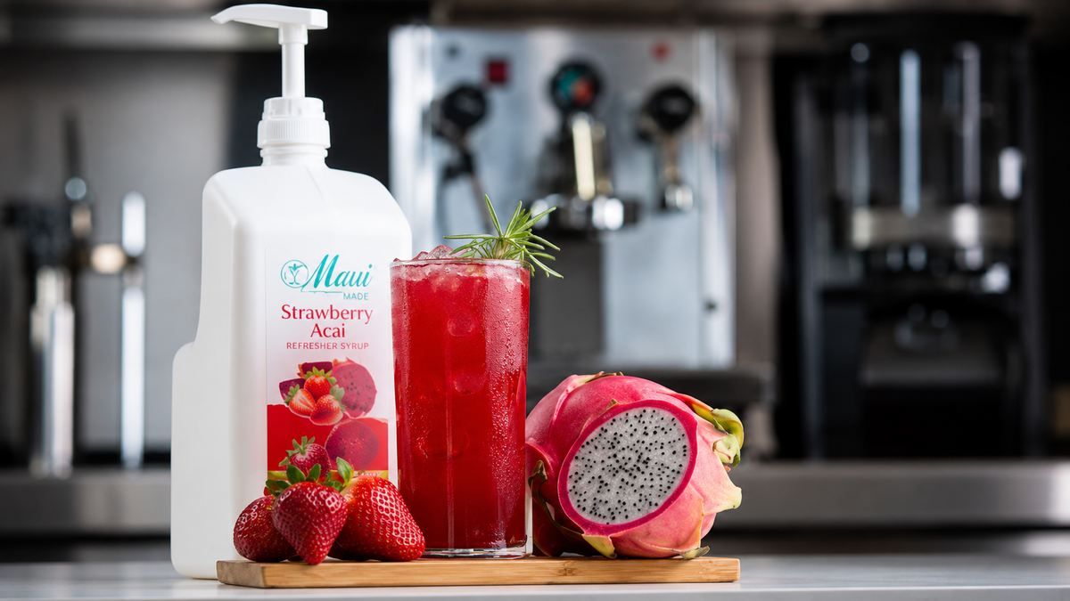 A bottle of Maui Strawberry Acai Refreshing Soda with a pump dispenser stands next to a tall glass of red drink garnished with a sprig, with strawberries, a dragon fruit half, and a wooden tray in the foreground against a blurred kitchen background.