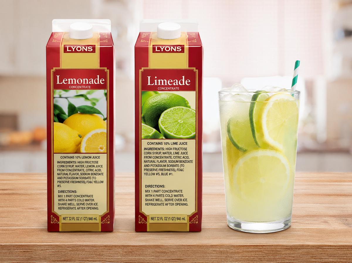 Two Lyons lemonade concentrate cartons stand on a wooden surface beside a glass of lemonade with lime slices and a striped straw, against a softly blurred indoor background.
