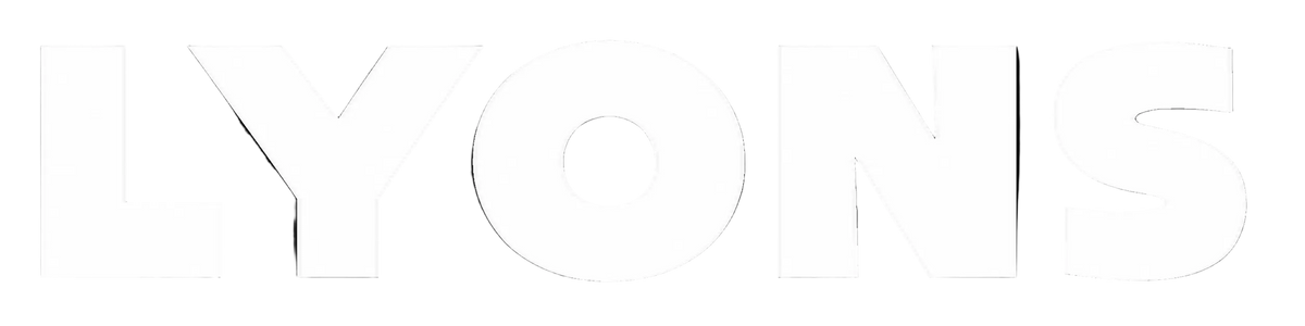The word 'LYONS' is displayed in bold white uppercase letters on a solid black background.