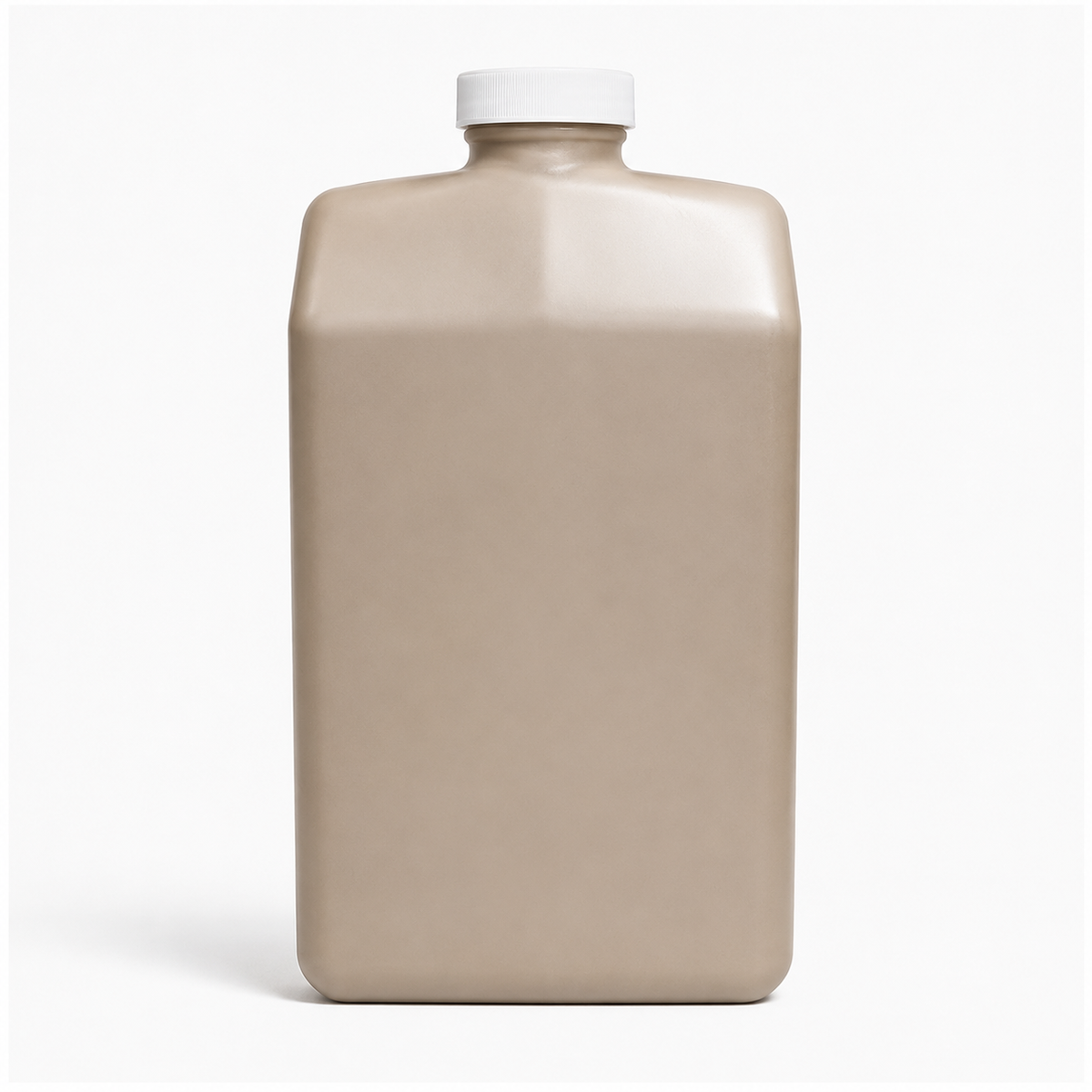 A matte beige plastic bottle with a white screw cap, shown against a clean white background.