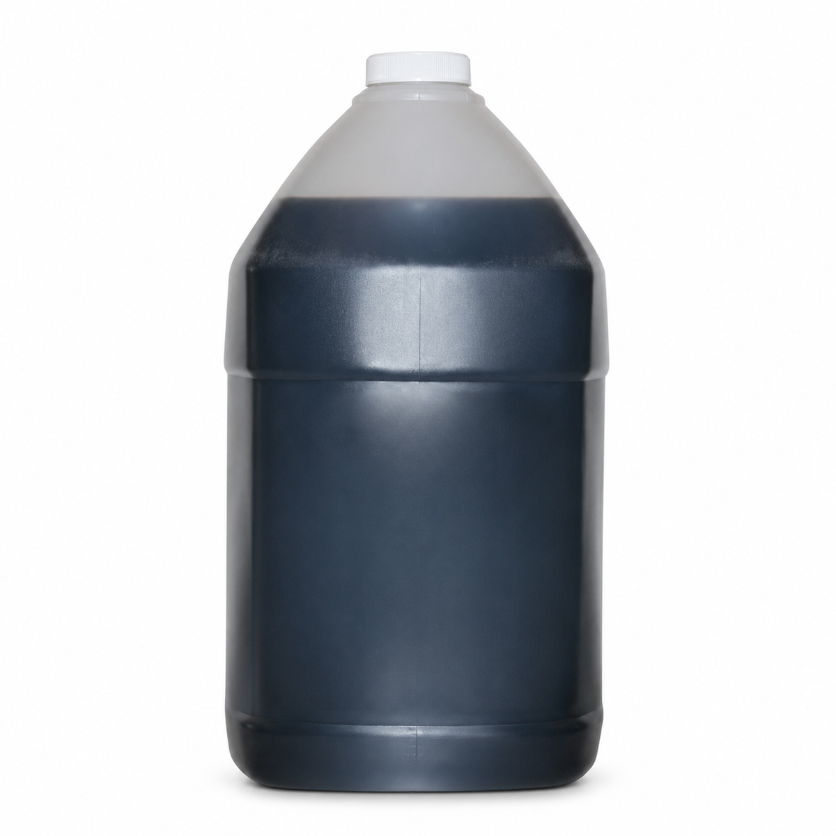 A large plastic gallon jug filled with a very dark navy liquid, featuring a translucent frosted upper section and a white screw cap, isolated on a white background.