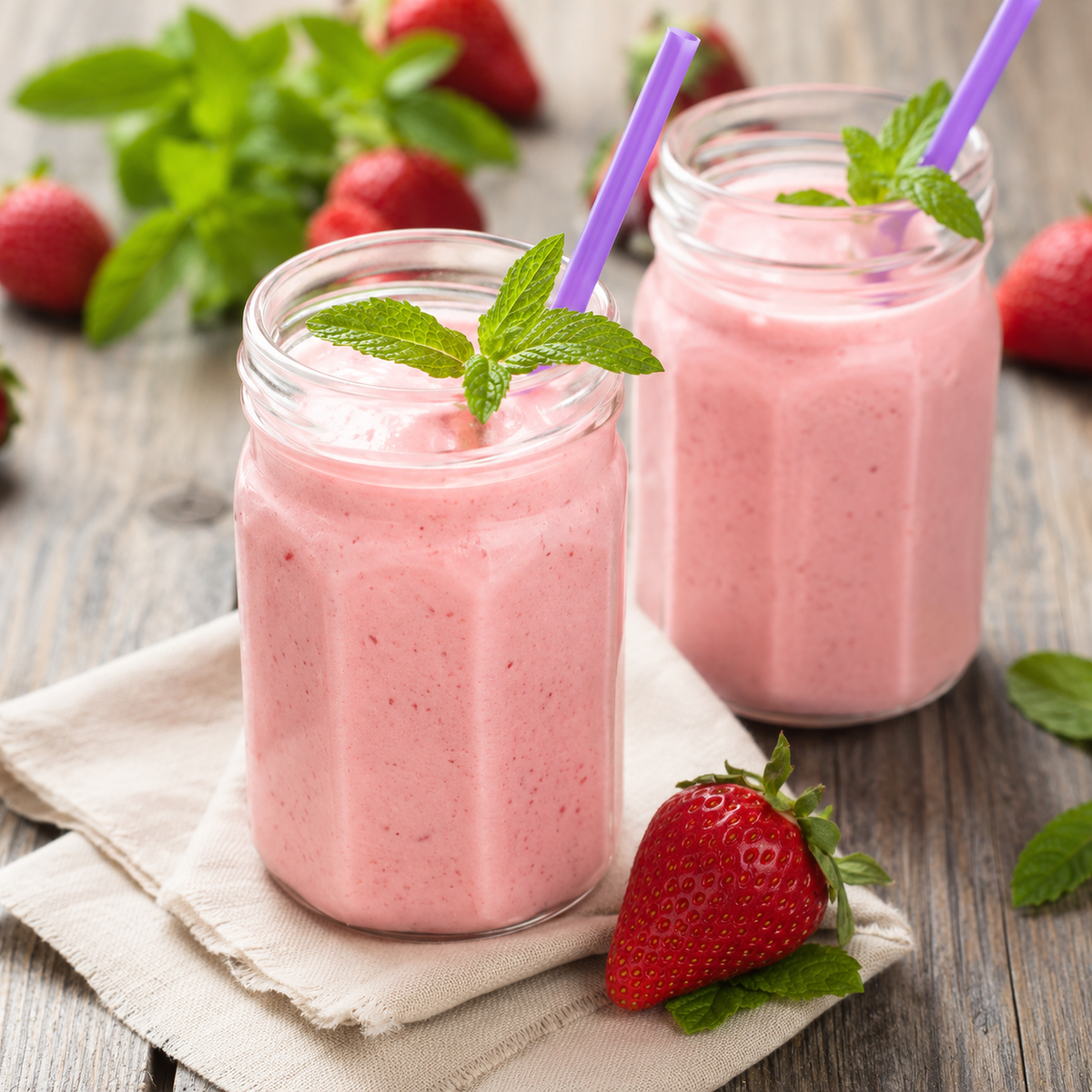 Two clear glass mason jars filled with pink strawberry smoothie, garnished with mint leaves and purple straws, set on a rustic wooden table with fresh strawberries and mint leaves.