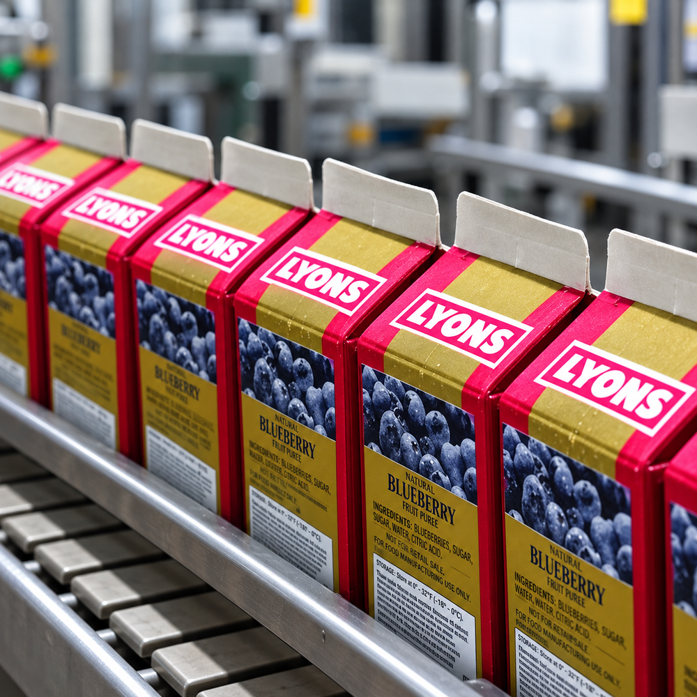 A row of Lyons Blueberry Infused Almond Milk cartons moving along a conveyor belt in a factory setting.