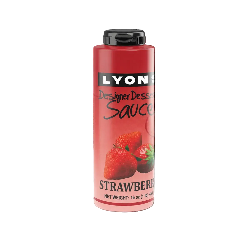 A bottle of Lyons Designer Dessert Sauce Strawberry, 16 oz, featuring a red label with strawberry graphics and a black cap, set against a plain white background.